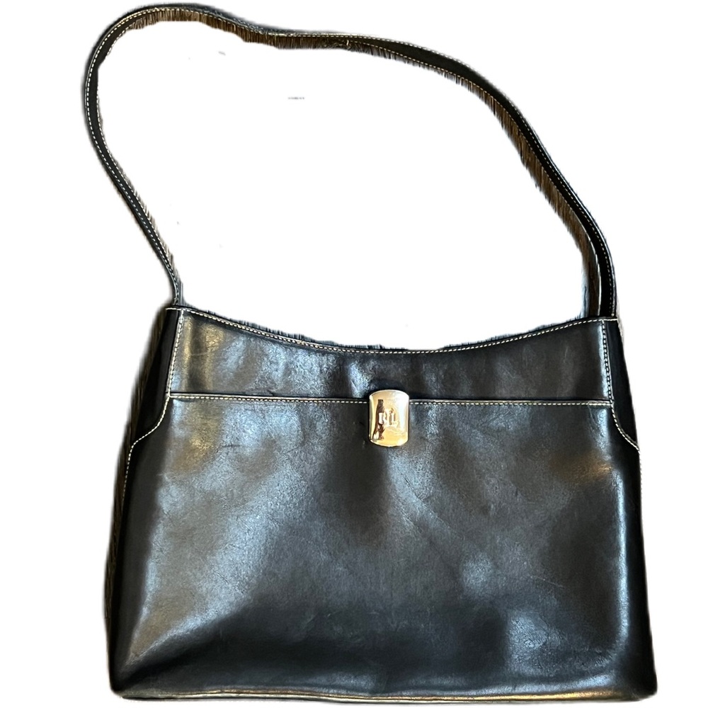 Ralph Lauren Black Leather Shoulder Bag with Silver RL Clasp - Picture 2 of 12